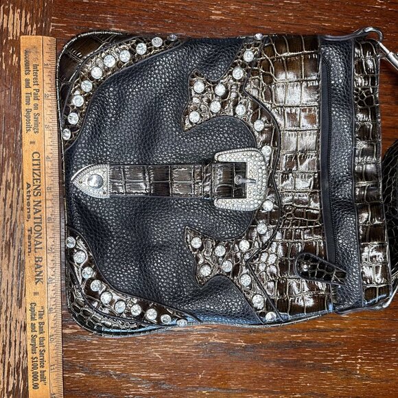 Western Style Rhinestone Faux Reptile Skin Black Silver Crossbody Bag Purse - Picture 8 of 9